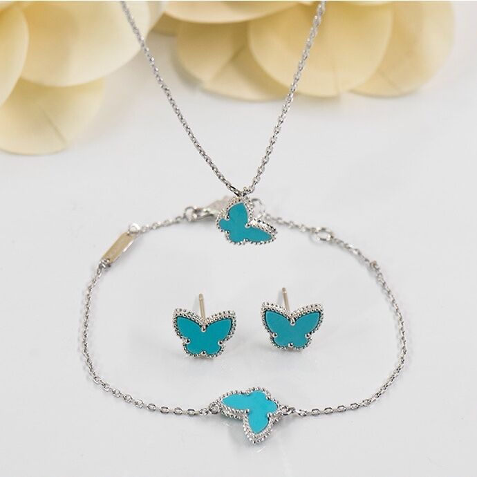 梵家蓝贝母蝴蝶项链925纯银镀18k金蓝贝蝴蝶耳钉蝴蝶手链吊坠代发