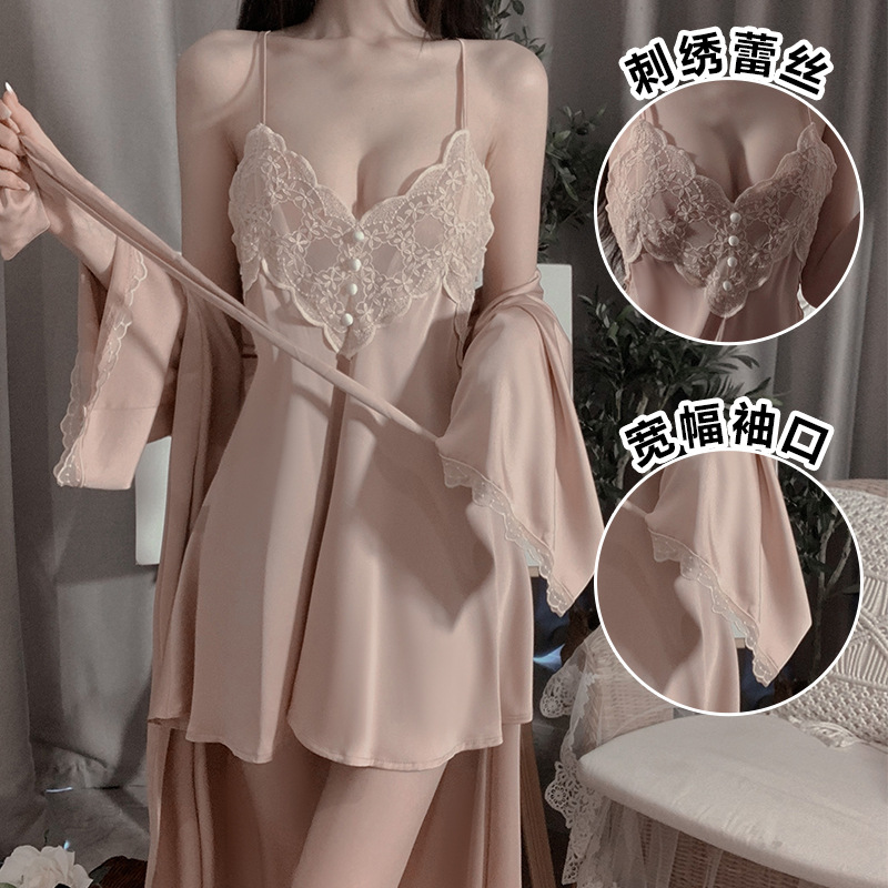 Ruoruo Spring/Summer Comfortable Pajamas Backless Sweet Embroidery Lace Slip Nightdress Women's Cardigan Homewear Suit 1854