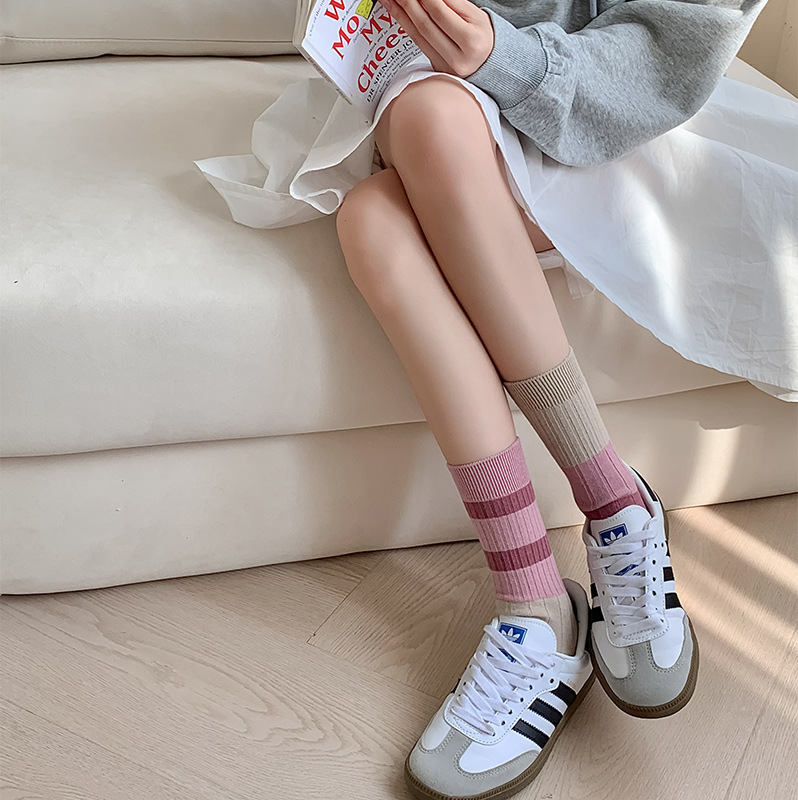 ab款条纹拼色棉女袜春夏新款中筒袜学院风清新可外穿潮袜百搭长袜