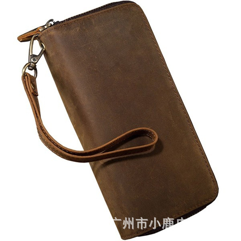 复古浅棕色男士真皮多功能钱包疯马皮双层rfid手腕带长款拉链钱包