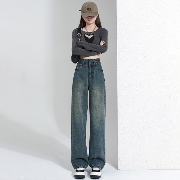 High Waist Straight Jeans Women's Autumn New Small Pear-Shaped Loose Slimming Narrow Wide Leg Pants Women's Clothing Wholesale