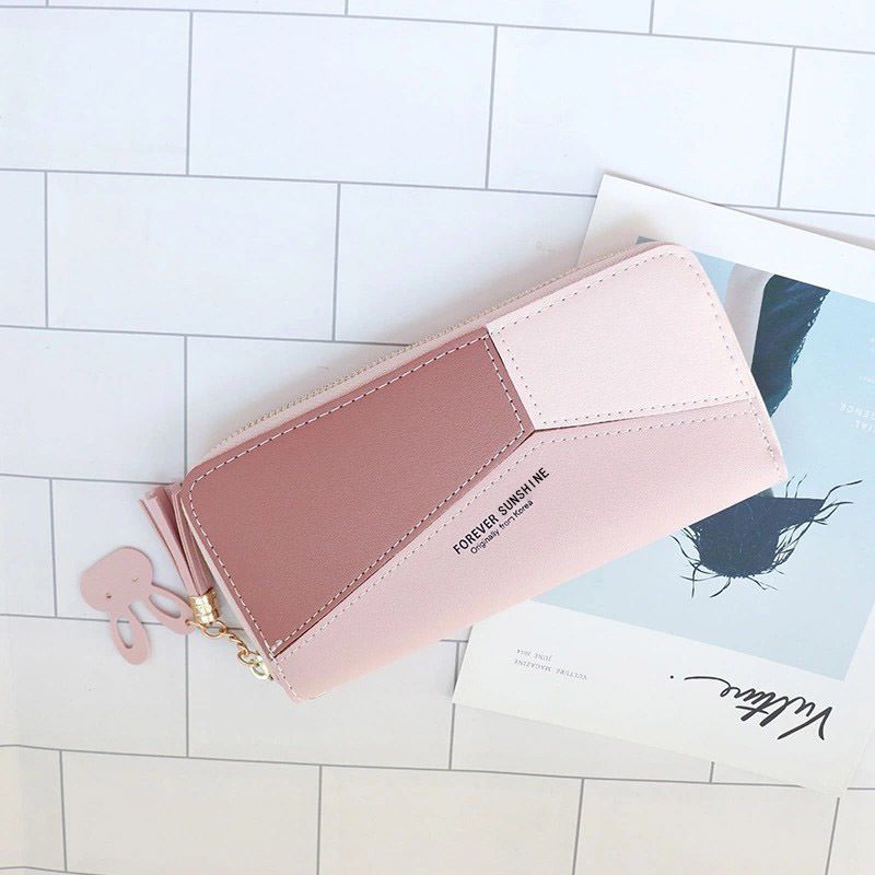 New Women's Handbag Wallet Women's Long Wholesale Color Contrast Patchwork Zip Tassel Large Capacity Wallet Mobile Phone Bag