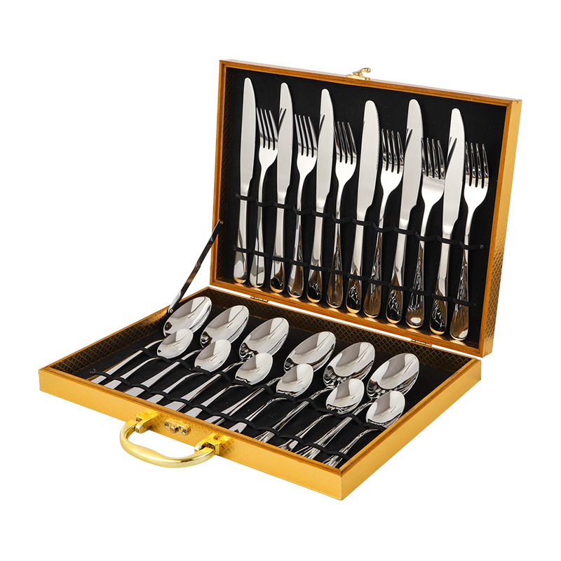 Amazon Hot 1010 Stainless Steel Tableware 24-Piece Set Wooden Box Western Tableware Knife, Fork and Spoon Four Main Pieces Cross-Border Set