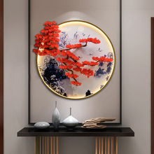 新中式入户正对门玄关走廊过道圆形装饰画寓意好客厅晶瓷画带灯
