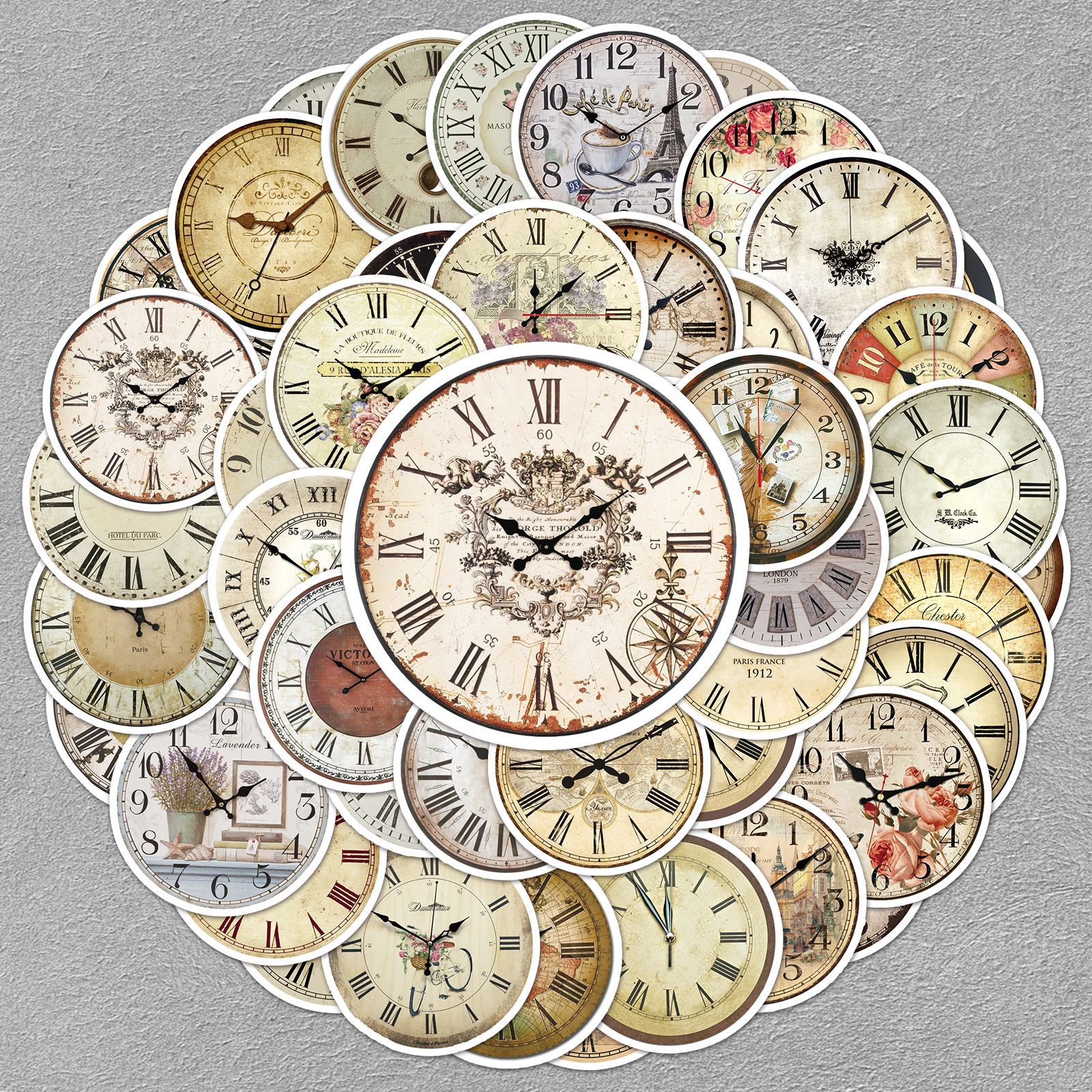 50张怀旧钟表贴纸复古时钟创意涂鸦装饰手帐手机咕卡水杯素材防水