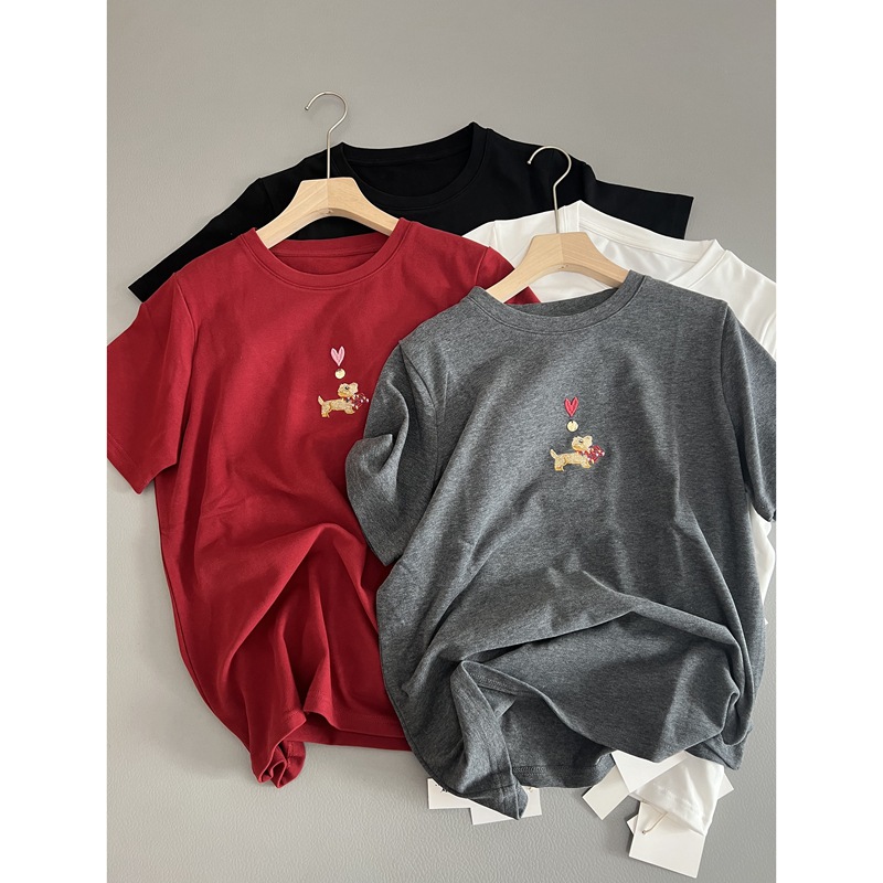 太舒服了性价比推荐贝壳扣爱心小狗短袖T恤磨毛宽松圆领休闲上衣