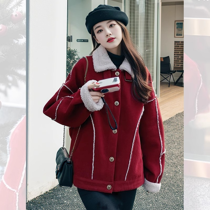 韩国新款红色本命年羊羔毛绒皮毛一体小香风外套圣诞红上衣女秋冬