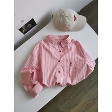 韩系小众设计 口袋刺绣polo领显白粉红竖条纹全棉长袖衬衫 衬衣
