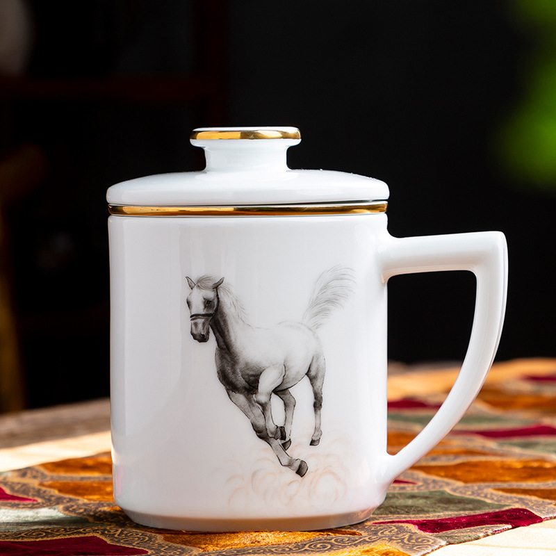 中式手绘描金陶瓷杯马到成功礼品杯办公杯带盖内胆过滤茶水泡茶杯
