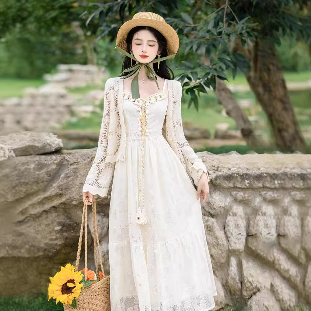 实拍 度假风民族风吊带连衣裙搭配外套两件套装裙-阿里巴巴