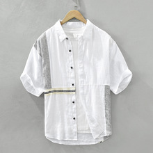 3750拼接撞色短袖亚麻衬衫男日系复古设计感文艺休闲衬衣一件代发