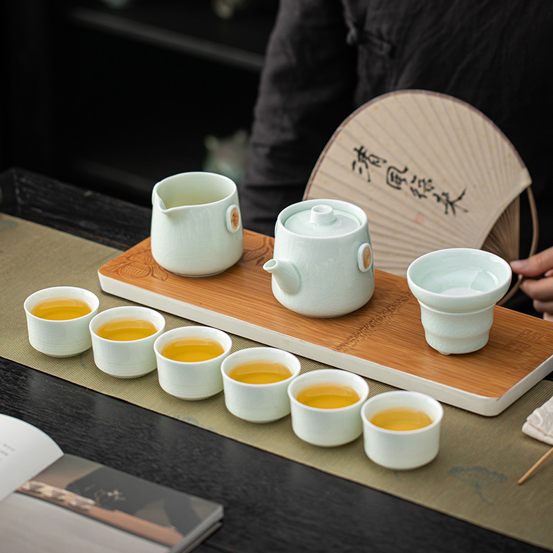 high-end jade gey kiln teaware suit anti-scald pot cover teacup complete set of household tea making kung fu teaware