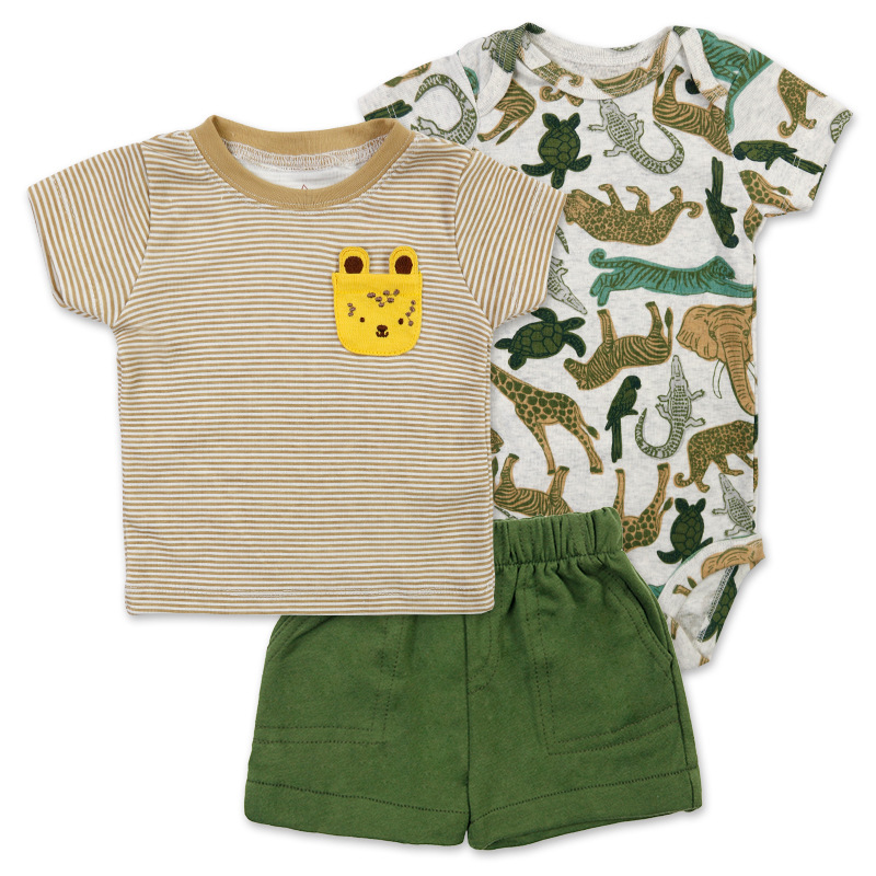 Cross-Border Hot Selling Spring and Summer Baby Suit Infant Toddler Short T Short Ha Shorts 3-Piece Set Wholesale Multiple Colors