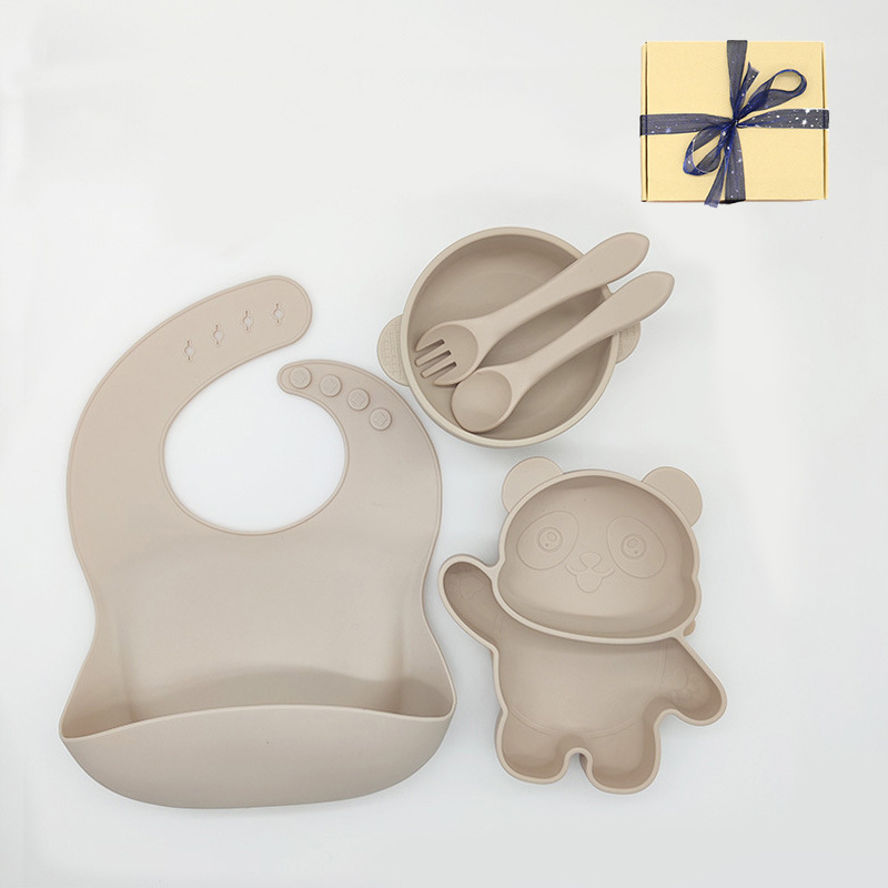 New Cartoon Animal Silicone Plate Baby Training Eat Learning Tableware Solid Food Bowl Bib Spork Set