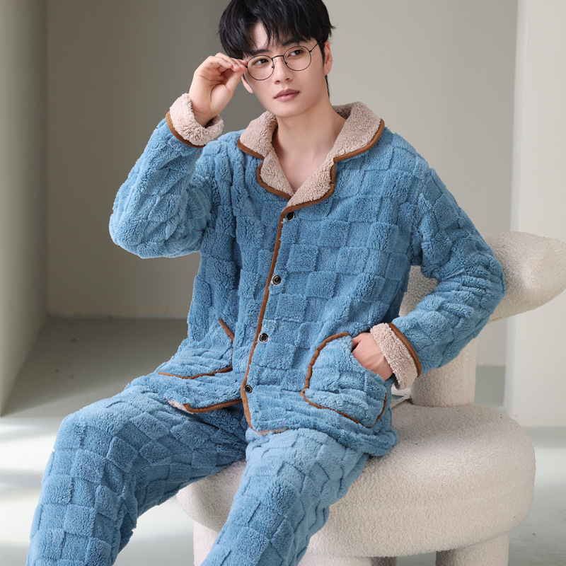 2023 New Flannel Pajamas Men's Autumn and Winter Thermal Coral Fleece Suit Factory Wholesale Warm Loungewear