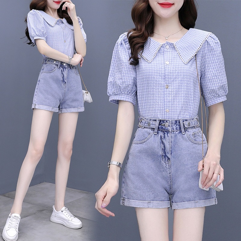 休闲短袖卫衣两件套女时尚牛仔短裤套装休闲时尚套装2022年新款女装显