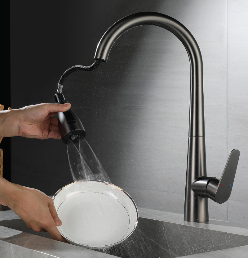 Gun Gray Hot and Cold Pull Scraping Faucet Three Functions Kitchen Sink Dishwashing Pull Sink Faucet Sus304