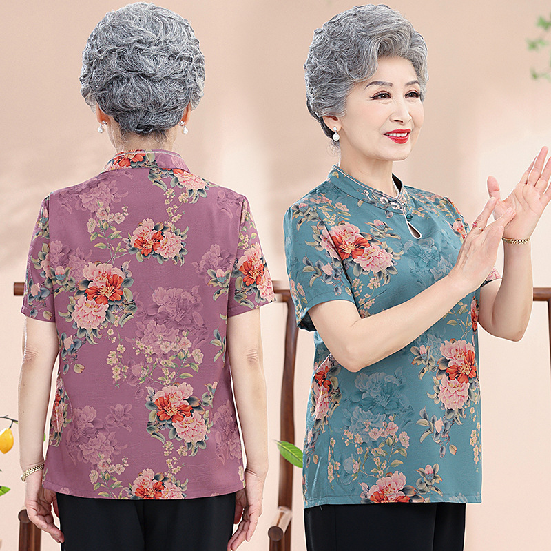 奶奶夏装短袖老年人套装女妈妈夏季唐装6070岁80老人t恤太太衣服