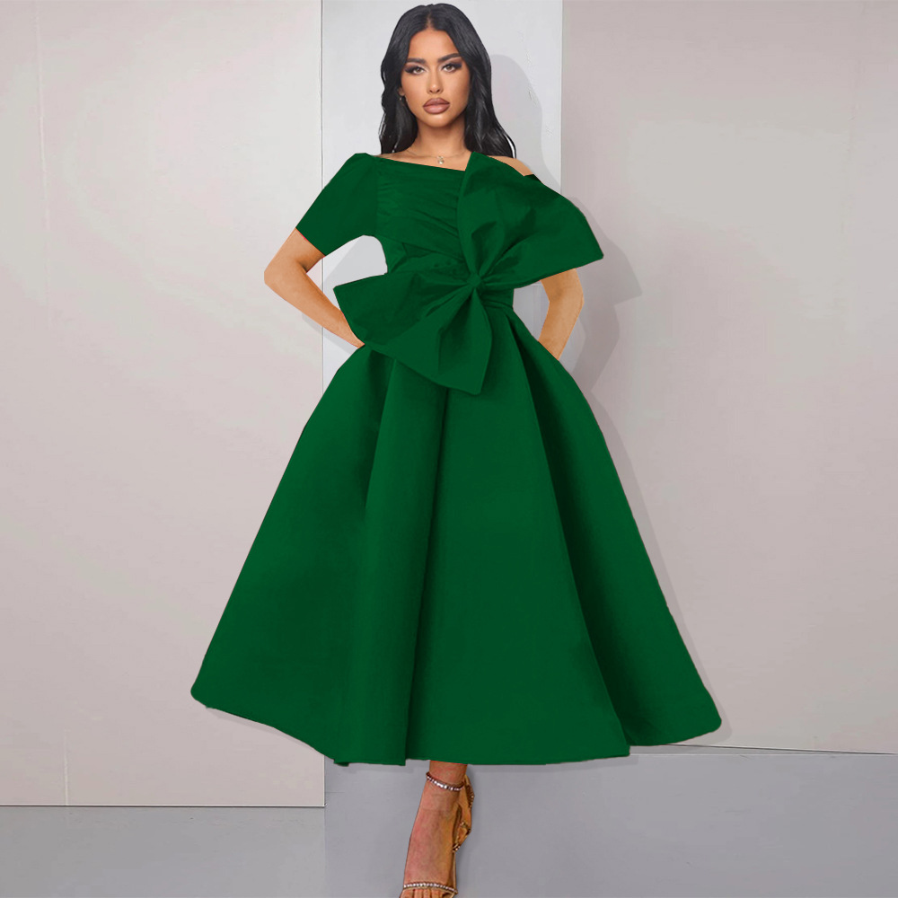 斜肩短袖高腰蝴蝶结大摆裙派对演出服装 女装连衣裙 party dress