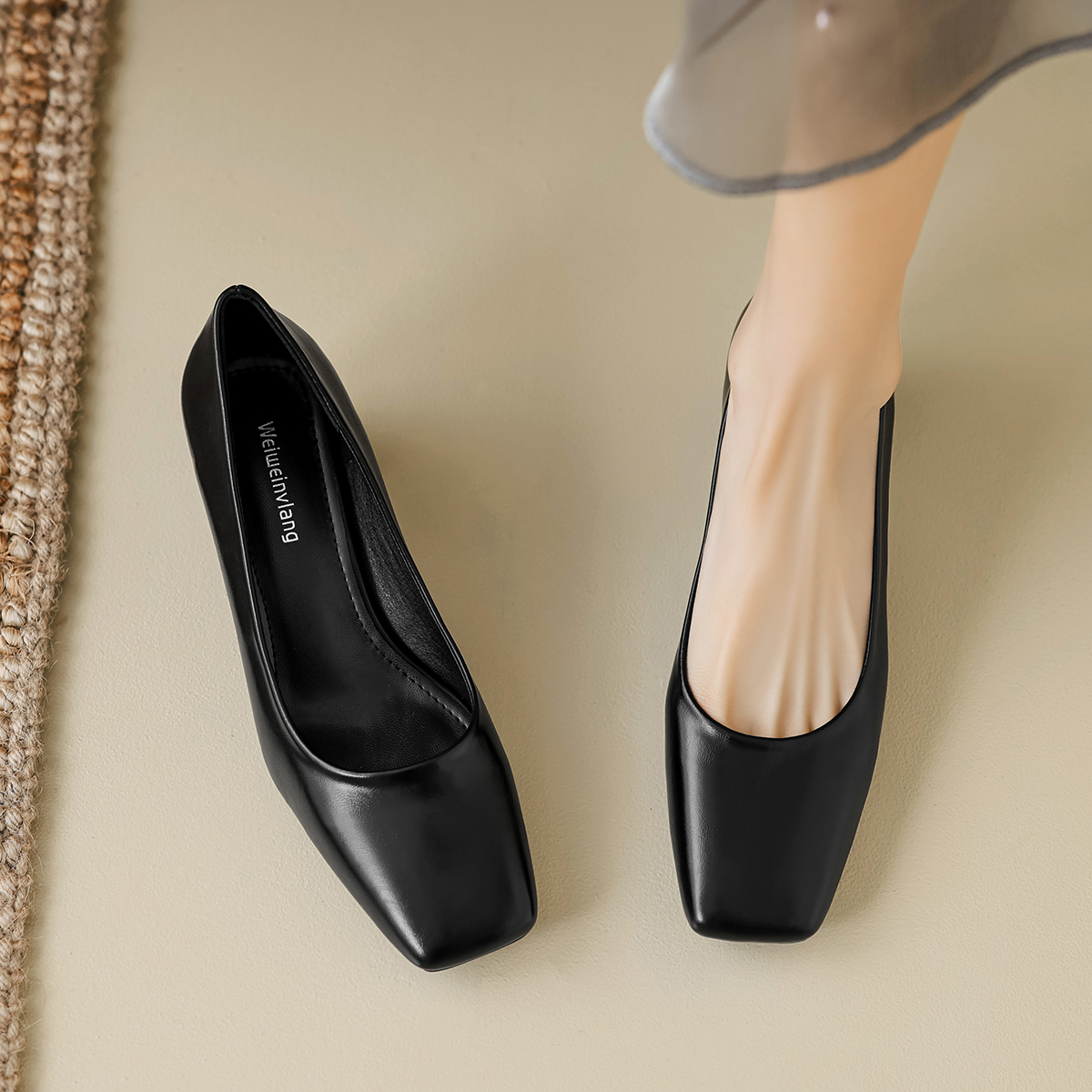 5厘米方头工作鞋女黑色中跟舒适粗跟软皮单鞋上班通勤职业高跟鞋