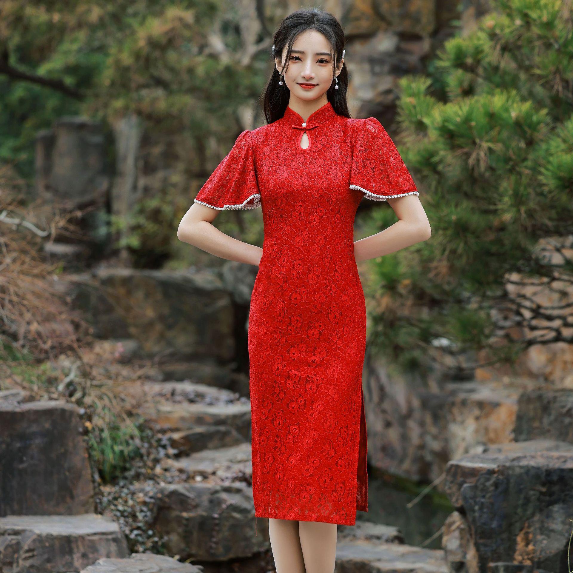 旗袍敬酒服新娘春季改良红色结婚订婚礼服女回门连衣裙蕾丝遮手臂