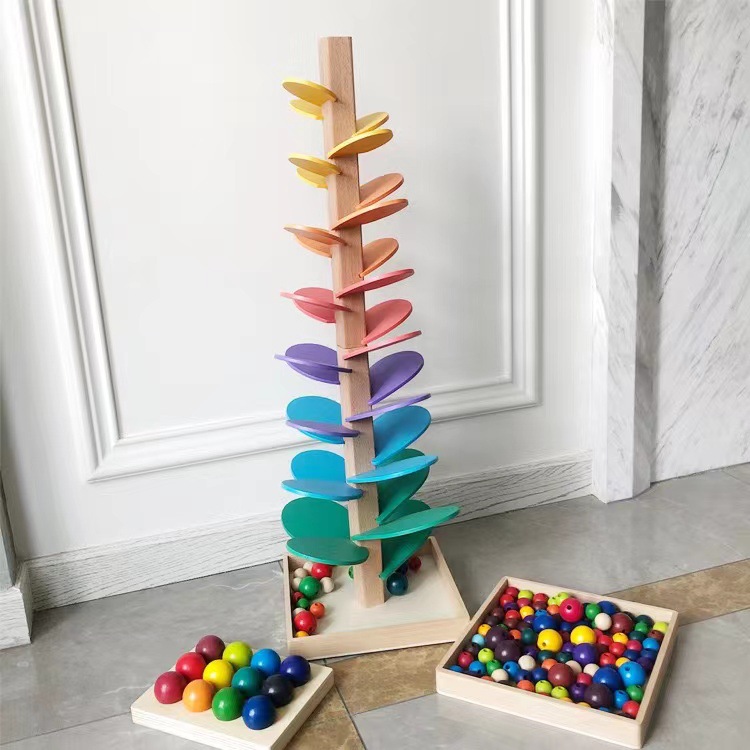 加工定制彩虹音乐树拼插花瓣木质滚珠轨道玩具儿童益智积木智慧树