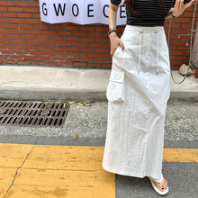 韩国夏季新款时尚高腰抽绳收腰显瘦大口袋工装长裙女百搭半身裙