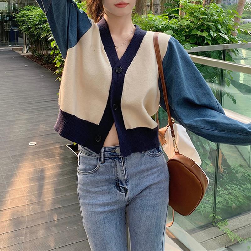 韩版设计感拼接牛仔袖毛衣开衫女春季短款宽松外搭针织上衣外套