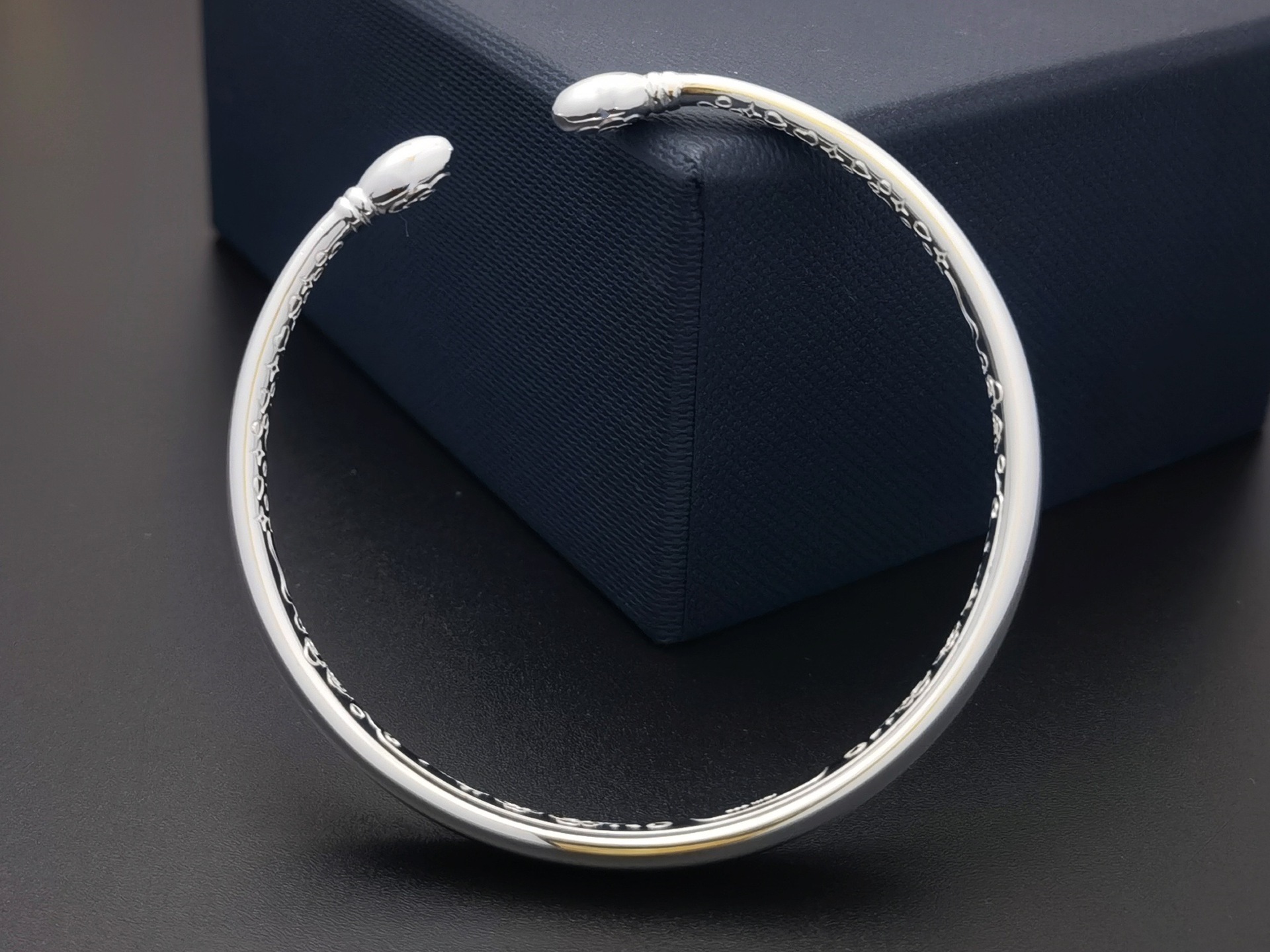 纯银手镯双卜对珠手镯开口大人足银999手镯扁圆上下珠纯银手镯