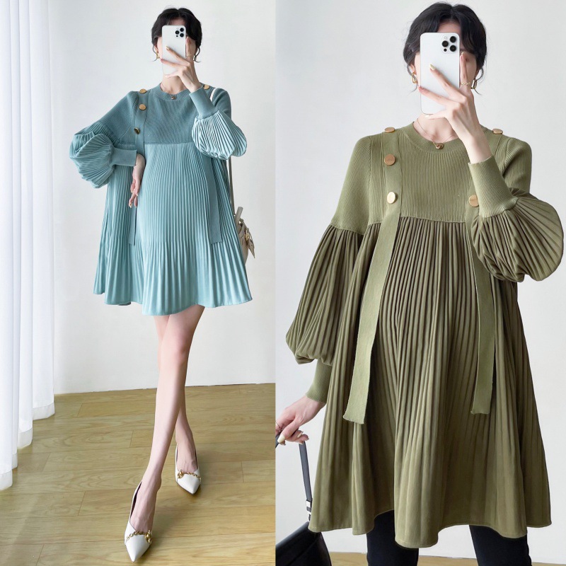 秋季新款网红针织拼接孕妇上衣灯笼袖外穿遮肚显瘦孕妇百褶裙辣妈