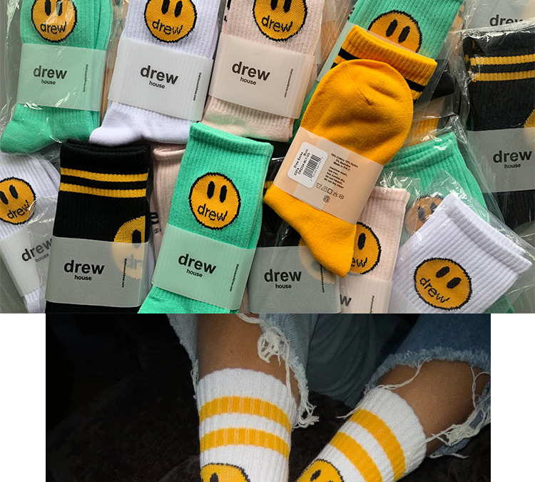 drew house笑脸袜子贾斯汀比伯同款男女运动情侣袜街头长袜潮流