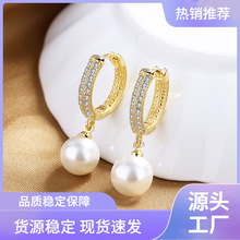 日韩时尚珍珠耳环女镶钻镀18K金色耳坠网红新款潮流气质长款耳饰