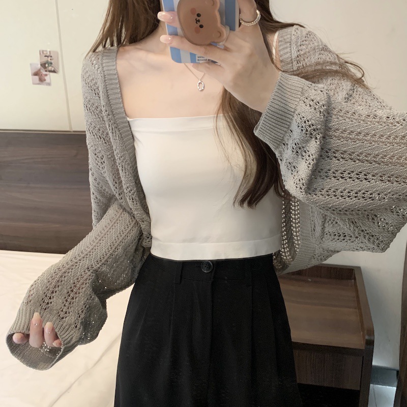 欧美镂空针织开衫女初秋薄款宽松慵懒风披肩外搭长袖罩衫短款上衣
