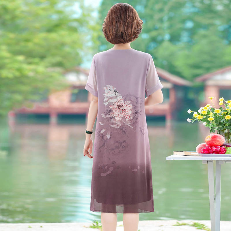 Mom Summer Clothes Western Style Noble Chiffon Dress 2023 New Middle-Aged Short Sleeve Loose Printed Middle-Aged and Elderly People