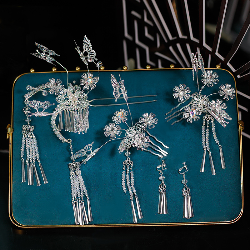 新娘头饰个性银色金属蝴蝶新中式秀禾龙凤冠古装汉服盘发结婚饰品