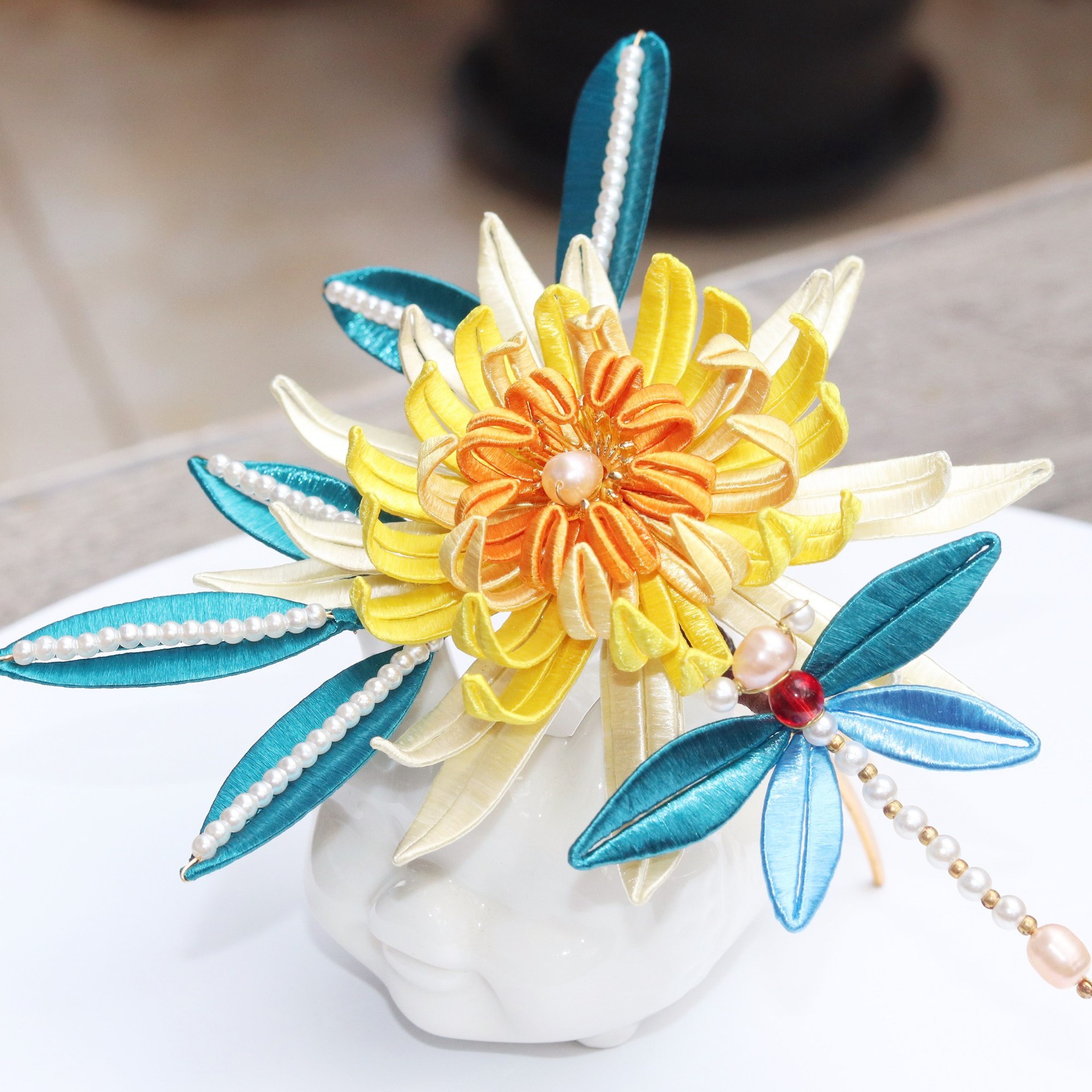 菊花发簪缠花成品古风汉服配饰发冠昙花发钗简约头饰蜻蜓簪花摄影