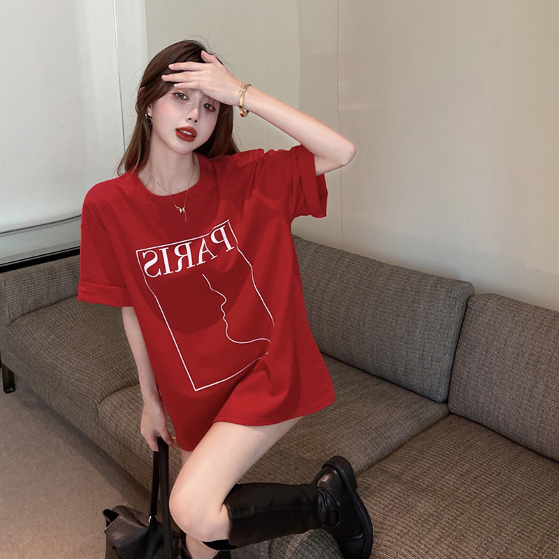 正肩韩版红色圆领短袖t恤女2024夏季新款设计感中长款上衣绝美潮