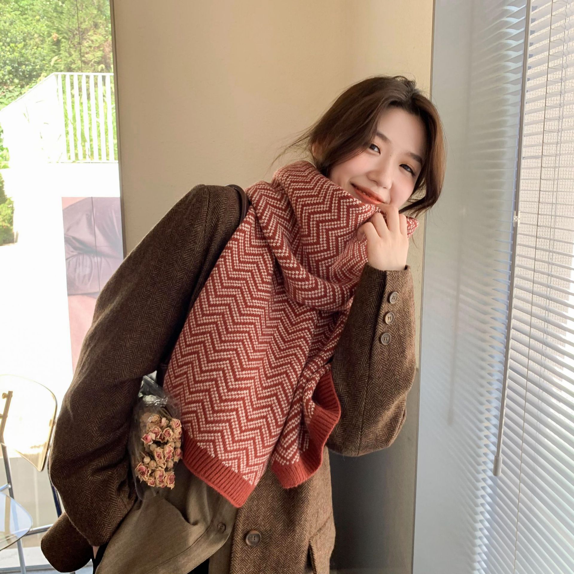 2021 Korean Style All-Match Knitted Wool Wave Pattern Male and Female Matching Style Scarf Autumn and Winter Long Thick Scarf