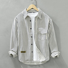 6632新款时尚潮流男士日系复古长袖衬衫青年宽松条纹方领男装外套