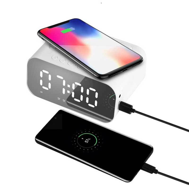 New Wireless Charger Bluetooth Speaker Foreign Trade Popular Style Audio Mirror Clock Alarm Clock Card Speaker Factory Direct Sales