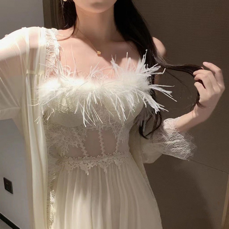 Morning Gowns Bridal Wedding Feather Sexy Sling Nightdress Long Ice Silk Pajamas High Sense [Shipped Within 15 Days