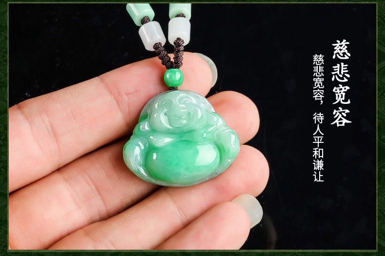翡翠阳绿飘花玉佛吊坠正品天然a货缅甸玉石弥勒佛女款玉坠挂件