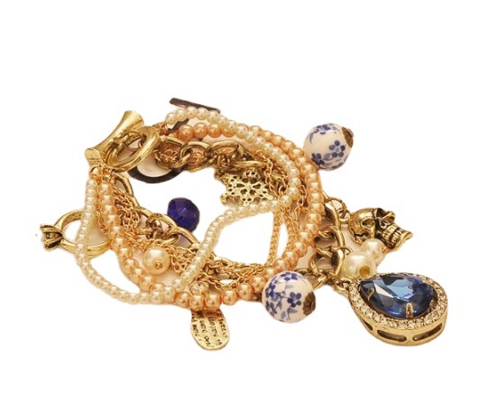 n087 韩版饰品复古巴克宫廷宝蓝祖母蓝宝石珍珠短链手链