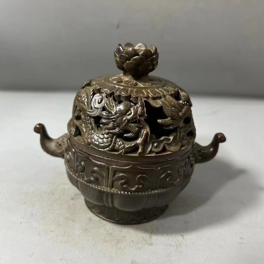 纯铜包浆清代龙凤盖炉双象耳龙莲花香薰塔香炉居家仿古三足炉摆件