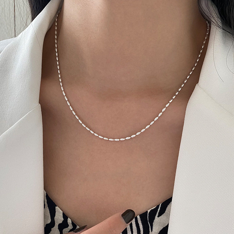 S925 Sterling Silver Rice Grain Olive Beads Necklace Choker Women's Simple Ins Personality Twin High Sense Ball Clavicle Chain