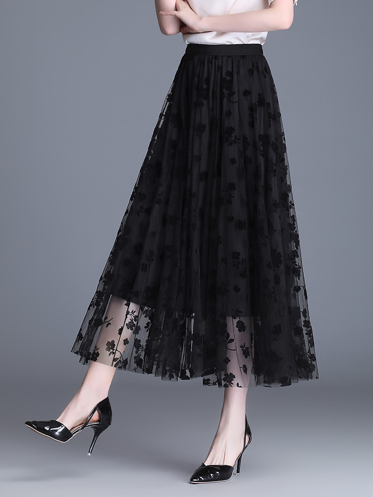 黑色纱裙女欧根纱半身裙长裙半裙夏季新款大摆裙子网纱碎花百褶裙