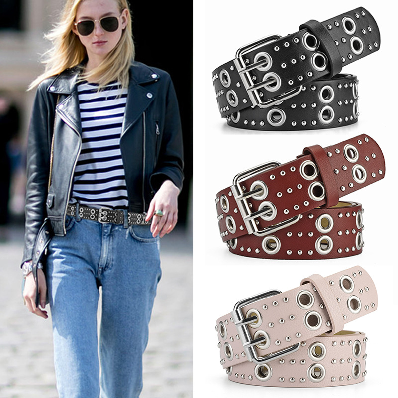 European and American Punk Hollow-out Rivets Belt Men and Women All-Matching Trendy Double Row Pin Buckle Belt for Women Special Decoration New