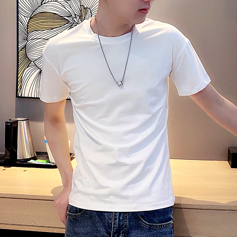 精神小伙短袖t恤男修身白色冰丝体恤夏季网红纯色潮流紧身上衣服