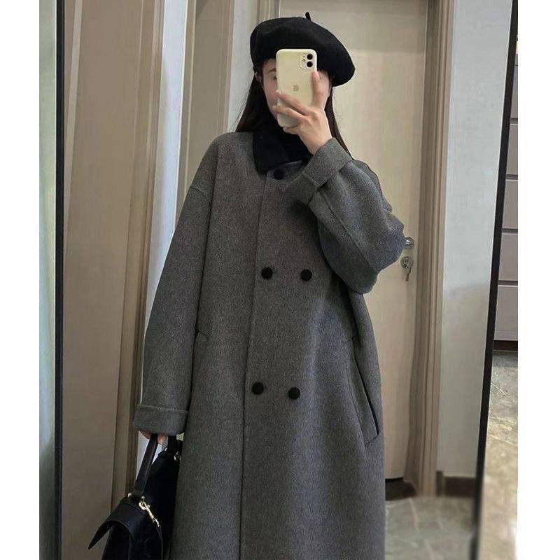 2023冬新款加厚高级双面宽松外套女中长款韩版冬季领灰色大衣女