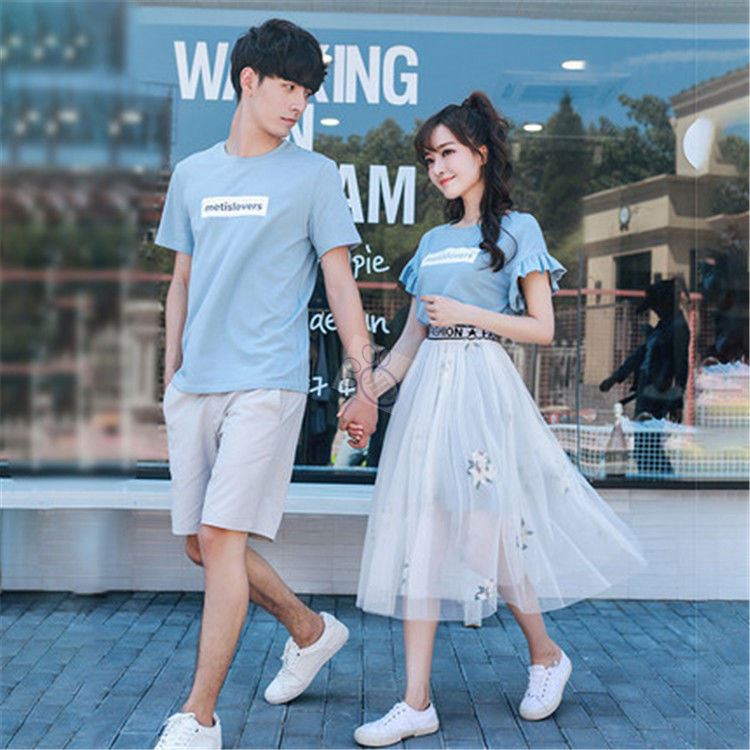 情侣装高级感套装夏季韩海边连衣裙一男一女短袖宽松t恤沙滩度假